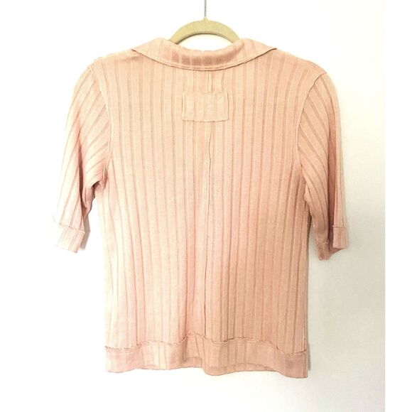 Free People We The Free Peach Krystal Ribbed Elbow Sleeve Collared Polo Shirt S - Picture 3 of 12